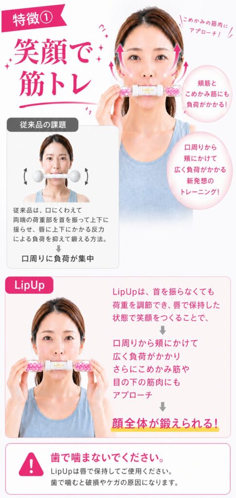 LipUpで笑顔のまま頬を引き上げる顔トレーニングイメージ（口周りから頬・こめかみまで広く負荷）