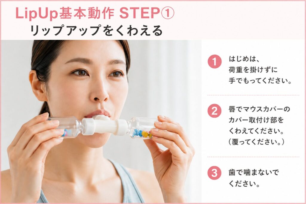 LipUp基本動作STEP①。唇でマウスカバーを覆い、歯を使わずに保持するトレーニング方法。