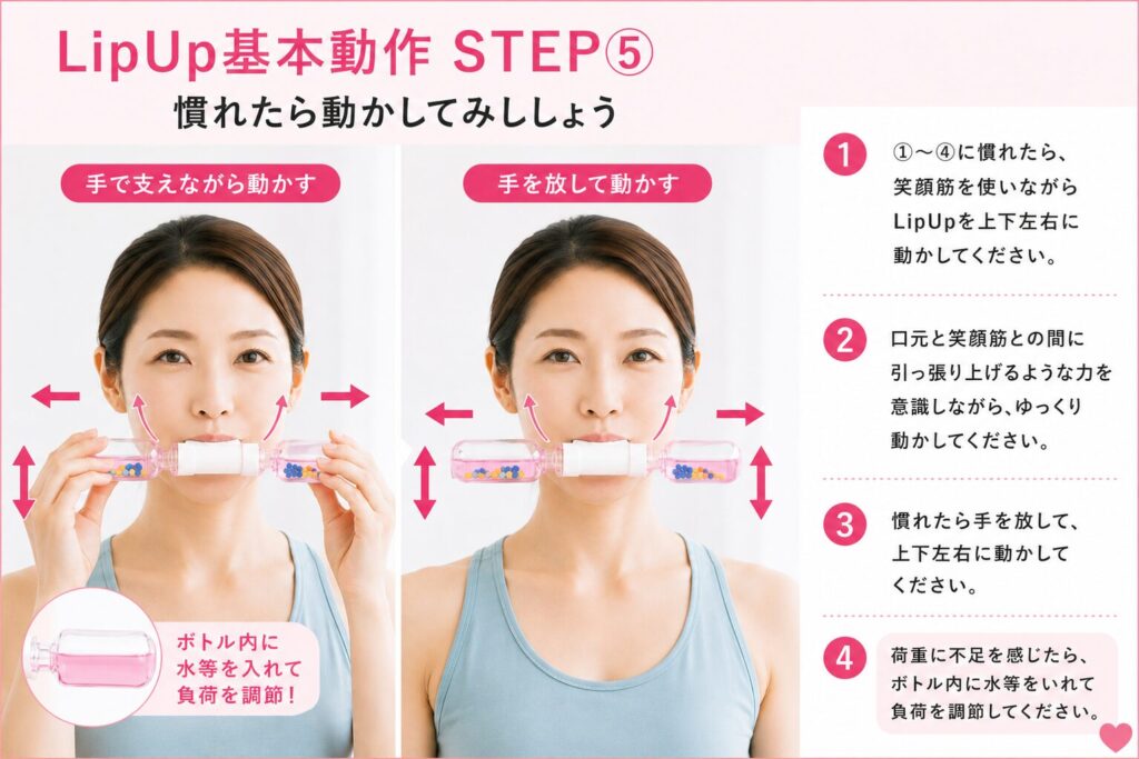 LipUp基本動作STEP⑤。笑顔筋を使いながらLipUpを上下左右に動かし、負荷を高めるトレーニング。